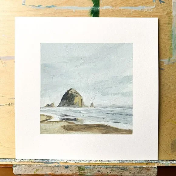 8x8 PNW Original Oil Painting Oregon Cannon Beach Seascape Coastal Calm Signed - Picture 2 of 7